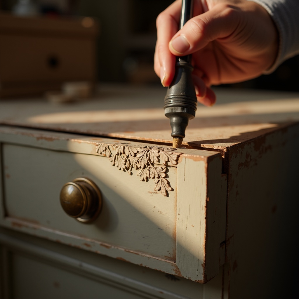Close up of an artisan applying a decorative transfer to a freshly painted refinished cabinet drawer