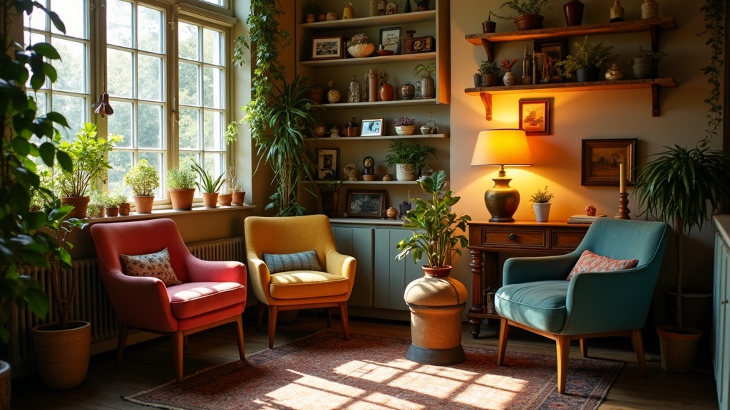 Eclectic shop corner with painted chairs, a vintage lamp, curios and plants