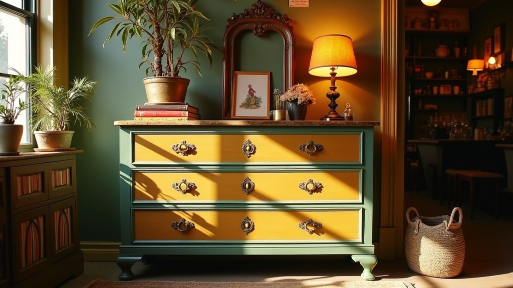 A sage and mustard hand-painted upcycled dresser with ornate brass hardware, styled in a warm quirky shop
