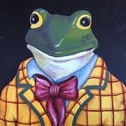 Toad Hall Vintage mascot, a painted toad in a tartan jacket and bow tie
